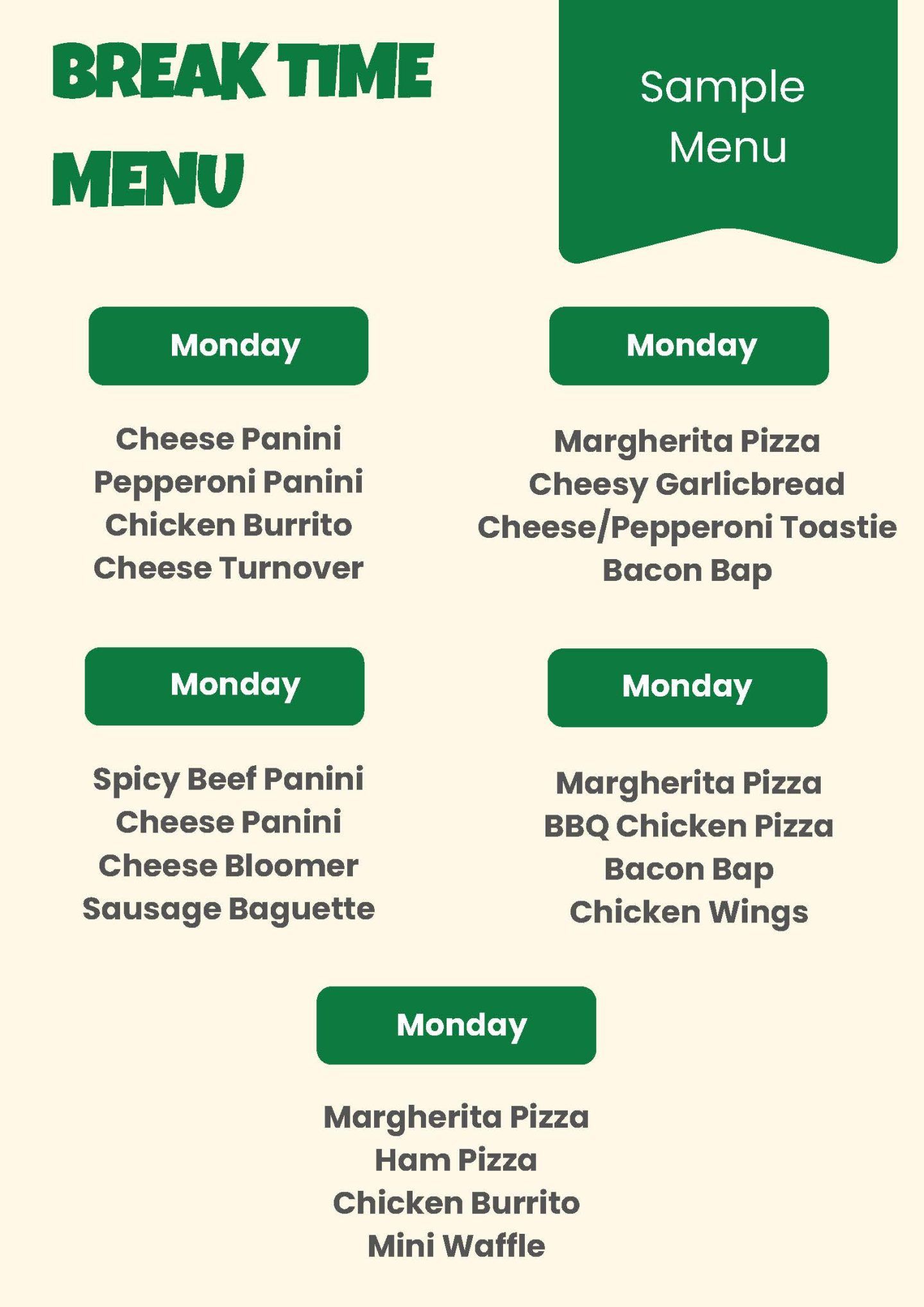 Break Time Menu Catering - The Wellington Academy